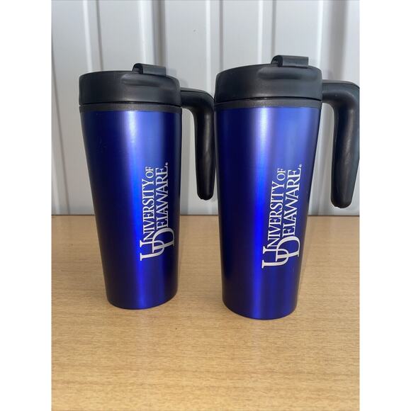 Pair Of University of Delaware Coffee Travel Mugs With Handles & Flip Top Lids - Picture 1 of 4